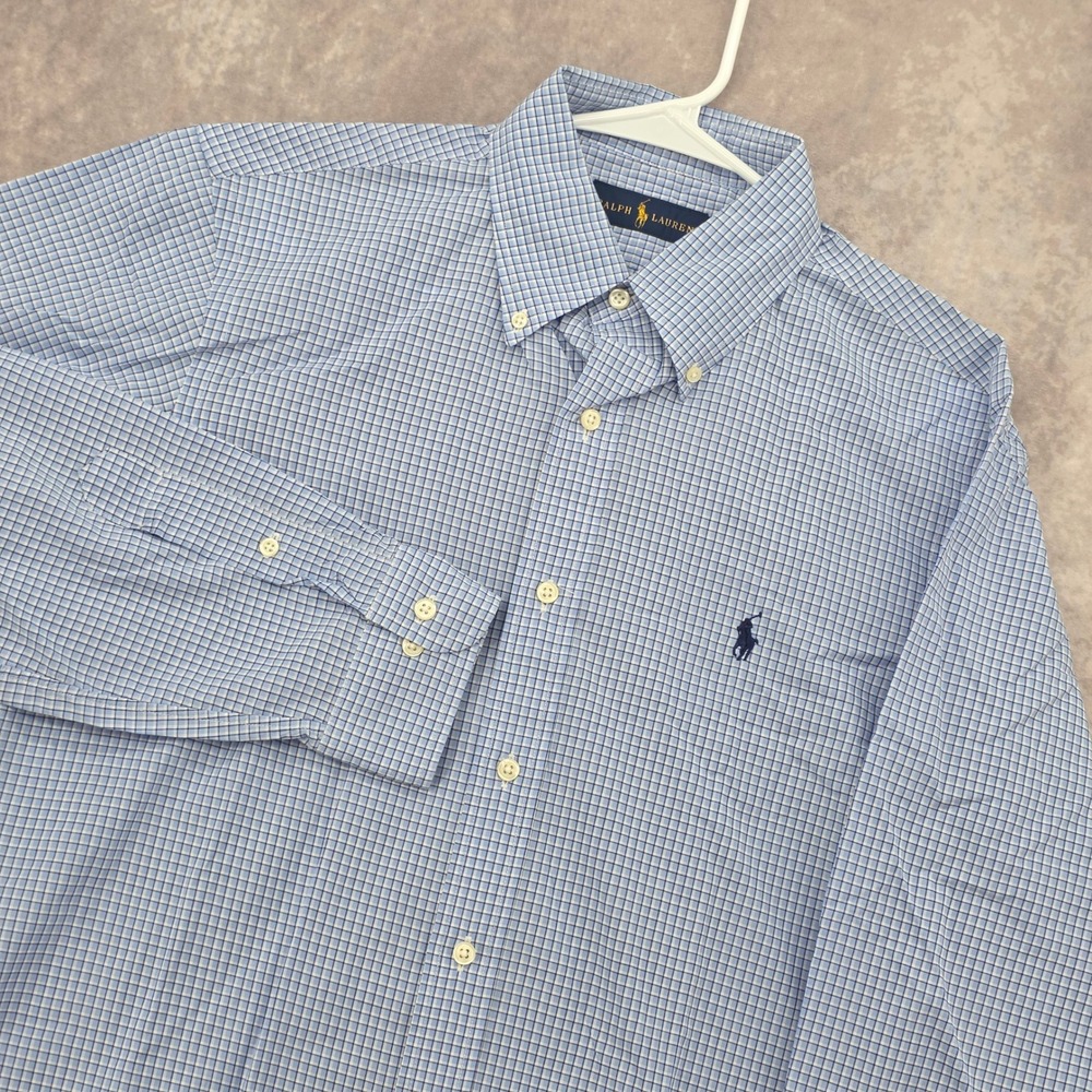 Ralph Lauren Micro Check Button Down Shirt Mens 15.5 32-33 Blue Long Sleeve